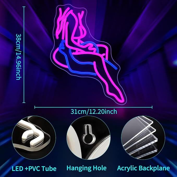 Lady Neon Sign, JGHTURIE Neon Signs for Wall Decor, Pink & Blue Light Up Signs for Room Decor Bar Led Sign for Man Cave, Party, Office, Art Decoration, USB Powered