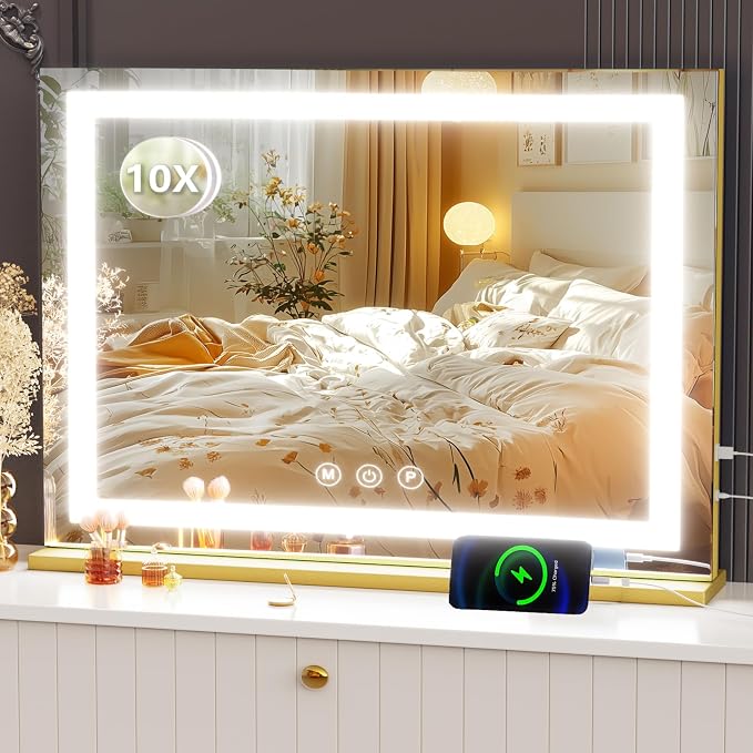 Gvnkvn Makeup Vanity Mirror with Lights 20" L x 26" W Large LED Makeup Mirror, Light up Mirror with 10X Magnification and USB Charging Port, Dimmable 3 Modes, Touch Screen Control Square Gold