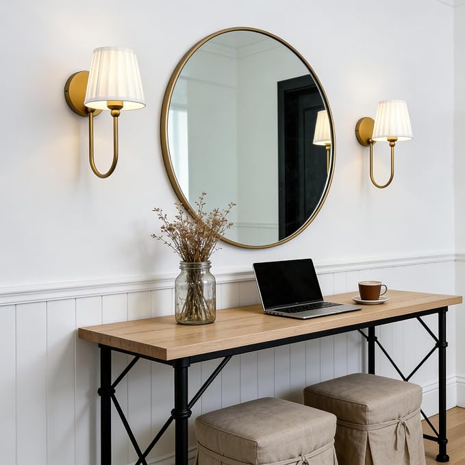 Hardwired Set of 2 Wall Sconces White Pleated Fabric Shade, Vintage Curved Arm Bathroom Vanity Lights, Indoor Wall Decor Lamp for Living Room, Bedroom, Foyer