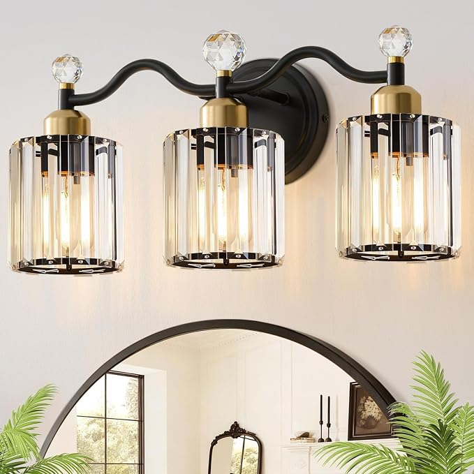 Black&Gold Bathroom Vanity Light Fixtures Over Mirror,3-Light Crystal Bathroom Light Fixtures,Vanity Light Fixtures Over Mirror,Wall Sconce with Clear Crystal Glass Shade, Kitchen, Living Room
