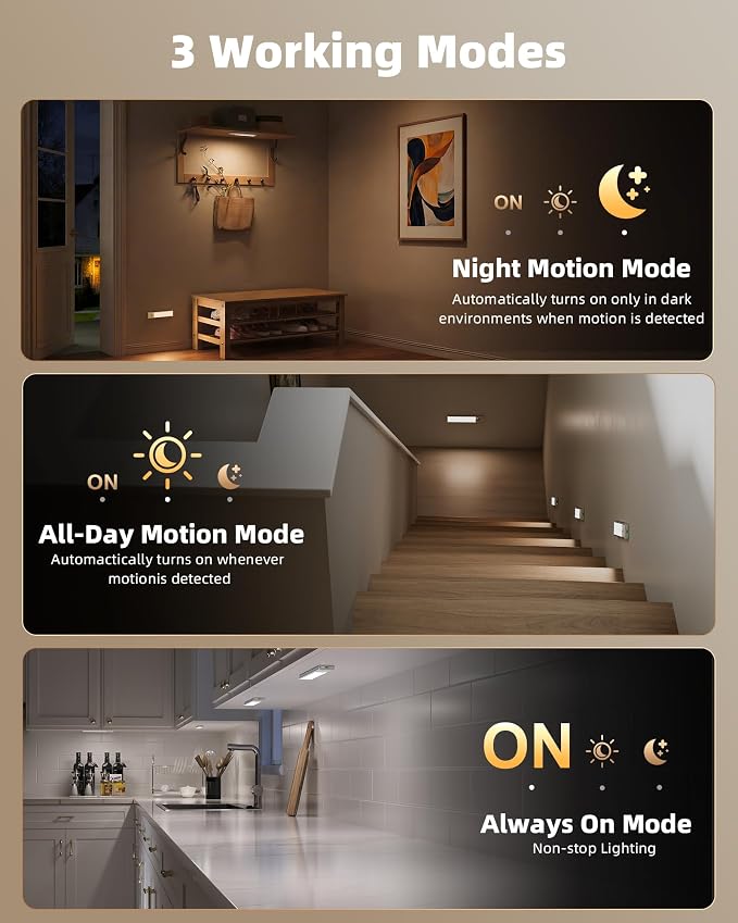 EZVALO Under Cabinet Lighting Wireless, 8'' 1800mAh Rechargeable Closet Light, LED Motion Sensor Lights with Power Display, Dimmable & 3 Color Temps, Under Counter Lights for Kitchen, Pantry, Stairs