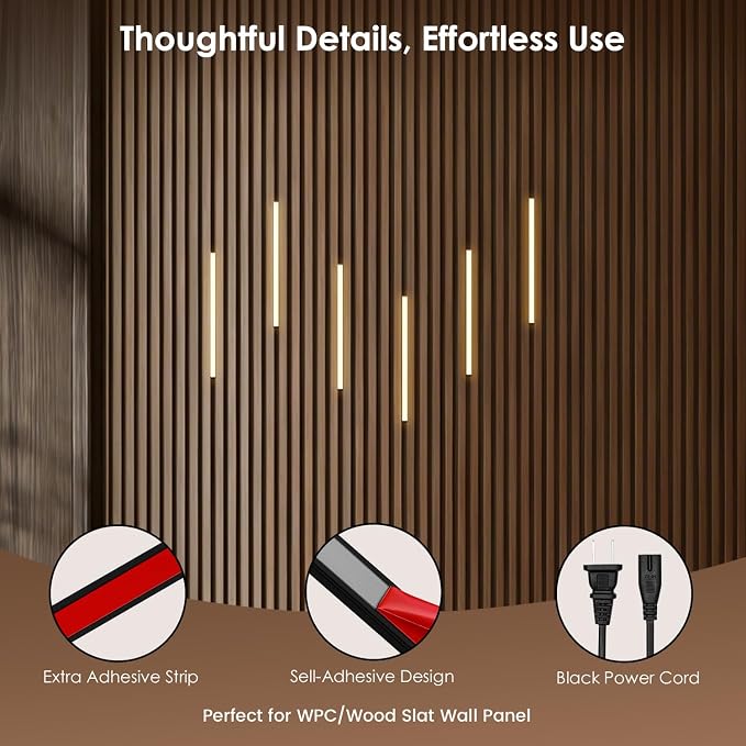 Slat Wall Lights for Wood Panel-6PCS LED Recessed Lighting Kit | White Light Cover Adhesive Black LED Strip Light for Interior Wood Slat Wall,Dimmable &Touch 3000K Wall Panel Light