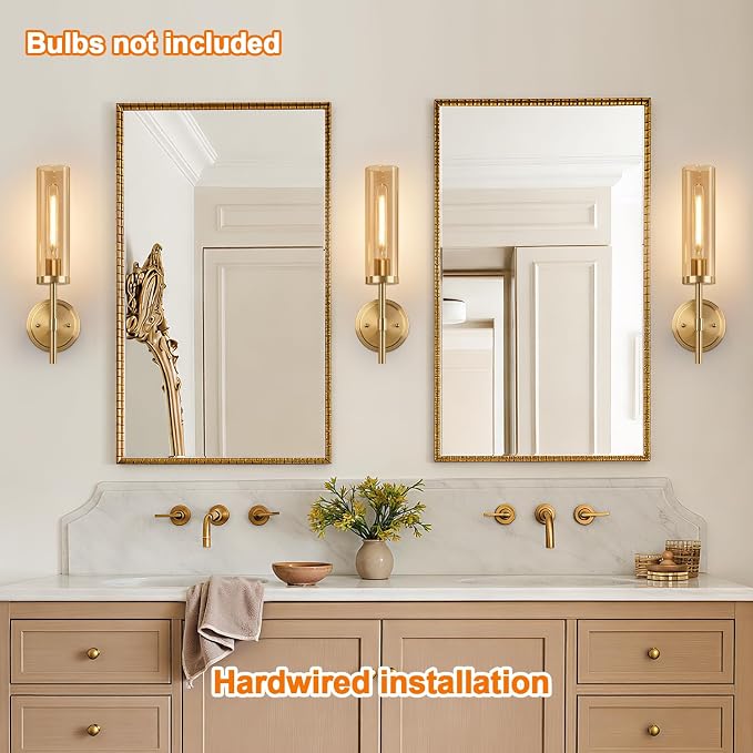 MOKATNG Hardwired Wall Sconces Set of Two, Brushed Gold Bathroom Sconces with Amber Glass, Modern Wall Light Fixtures for Bathroom Mirror Vanity, Living Room, Hallway, Stairway, Cabinet, Foyer