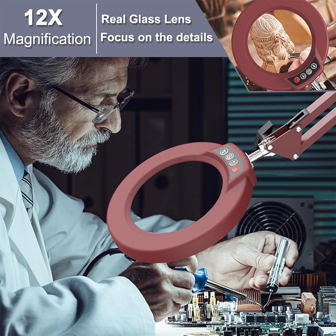 12X Magnifying Glass with Light and Stand, Upgrade Button 5 Color Modes Stepless Dimmable, 2-in-1 LED Lighted Magnifier Light, Hands Free Desk Lamp with Clamp for Craft Hobby Close Work - Red