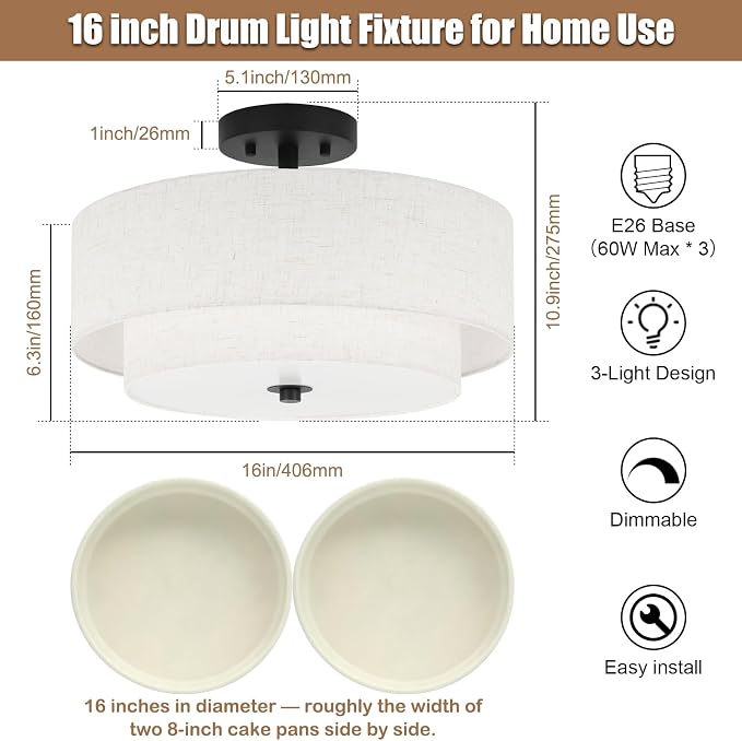 16" Semi Flush Mount Ceiling Light,3-Light,2-Layer Beige Linen Drum | Farmhouse Ceiling Light with Linen Fabric Shade,E26,Great for Living Room,Dining Rooms,Bedroom,Kitchen,Bulbs NOT Included
