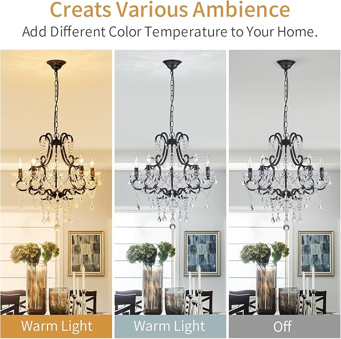 Black Crystal Chandelier, 5-Light Modern Black Chandelier for Dining Room Light Fixture, Crystal Pendant Ceiling Light Fixture, Modern Candle Chandelier for Living Room Kitchen Island Entryway Bedroom
