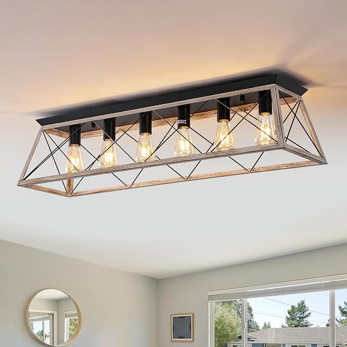 38" Large Rectangular Flush Mount Ceiling Light with Oak White Finish | 6-Light Vintage Industrial Farmhouse Cage Chandelier for Dining Room Living Room Hallway, Dimmable Kitchen Ceiling Lighting