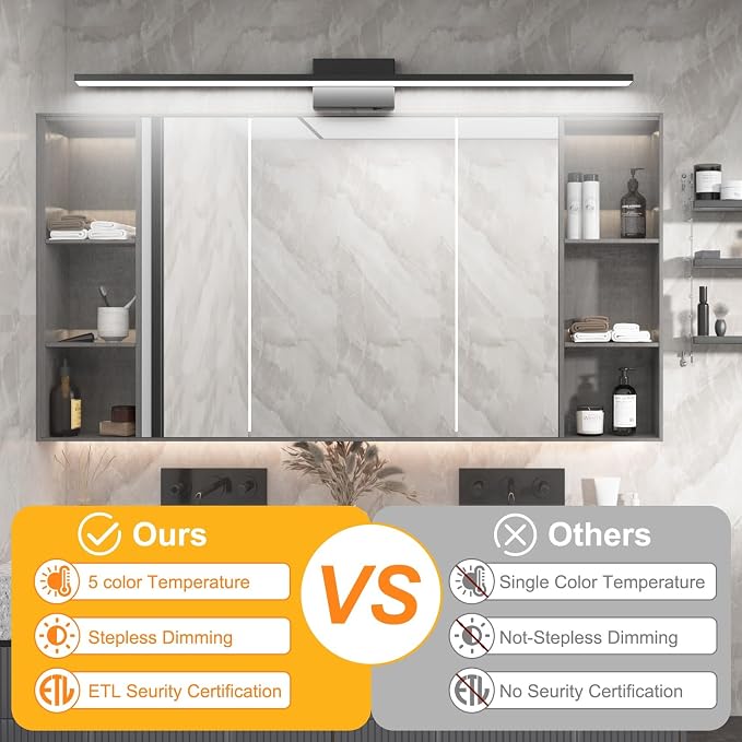 Ralbay 5 Color Temperature Dimmable Mdoern Black Vanity Light for Bathroom Lighting 48inch Acrylic LED Modern Black Bathroom Wall Lighting Fixtures Over Mirror