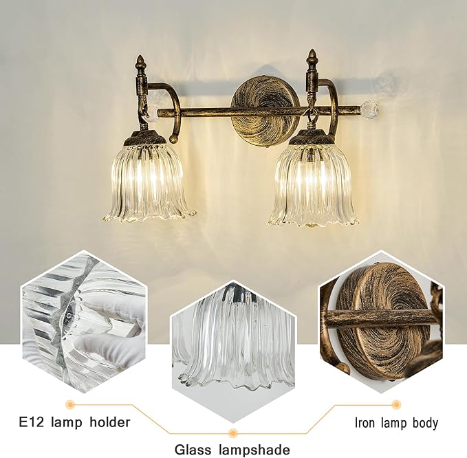 CVKASH 2-Light Bathroom Vanity Light Fixtures Over Mirror,Bronze Modern Vanity Light with Glass Shade Vintage Wall Sconce for Bedroom Dressing Room Living Room Hallway Cabinet