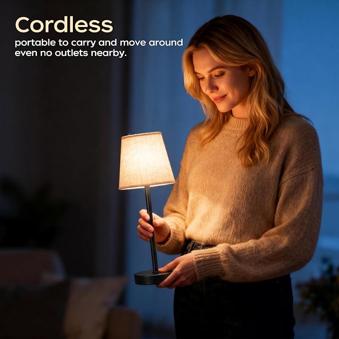 Cordless Table Lamp Rechargeable, 6000mAh Battery Operated LED Lamp with USB-C, Touch Control Stepless Dimmable Small Black Fabric Lamp for Kitchen Counter, Small Spaces, Bedroom, Living Room 2PCS