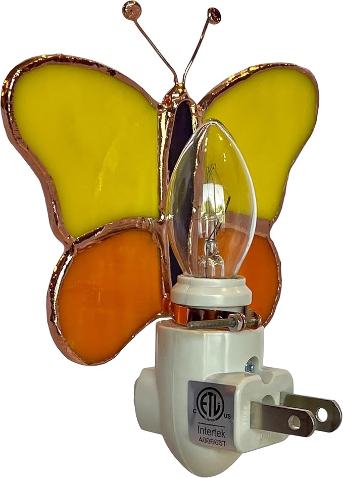 Gift Essentials Yellow and Orange Butterfly Plug in Night Light - Stained Glass Nightlight with On/Off Rocker Switch - Includes One 4 Watt Replaceable Incandescent Warm Glow Bulb