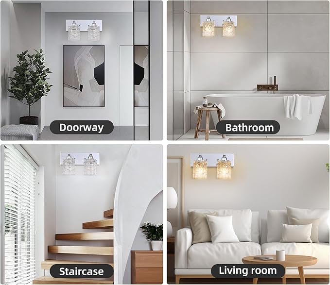 Chrome 2-Light Crystal Bathroom Vanity Light Fixture Over Mirror, Modern Bathroom Wall Light for Living Room, Bedroom, Hallway