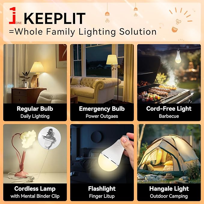 KeepLit 6PK Emergency Rechargeable Light Bulbs, 48H Battery Backup, 3 Brightness Levels, 12W 65W Equivalent A19 LED Bulb Auto-On During Power Outage for Hurricane, Emergency Use (Soft White)