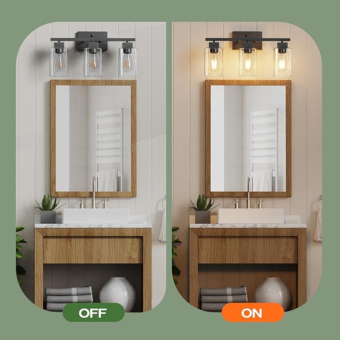 PARTPHONER 3-Light Bathroom Light Fixtures, Matte Black Modern Vanity Lights, Bathroom Lighting Fixtures Over Mirror, Square Design Farmhouse Wall Sconces with Clear Glass Shades