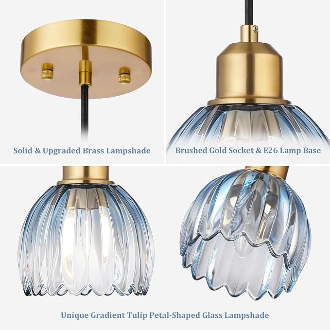 TALOYA 3 Pack Blue with Tulip Glass Pendant Light,Vintage Hanging Light | Adjustable Farmhouse Mini Pendant Lighting Fixture for Kitchen Island, Dining Room, Bedroom, Hallway & Bar Decor