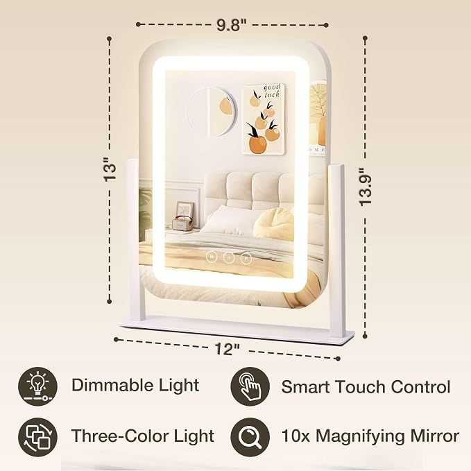 Vanity Mirror with Lights, 12"×13.9" Makeup Mirror with LED Lights, Lighted Makeup Mirror with Smart Touch Control & 3 Dimmable Color Modes, Mirror with Lights for Desk, Bedroom, Dressing Room