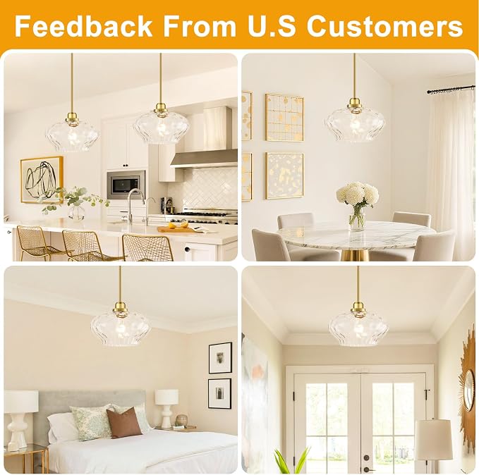 Modern Pendant Lights Kitchen Island, Brushed Gold Pendant Light Fixtures with 11" Clear Hammered Glass Shade, Industrial Hanging Pendant Lights Fixture for Kitchen Island Dining Room Hallway Entryway