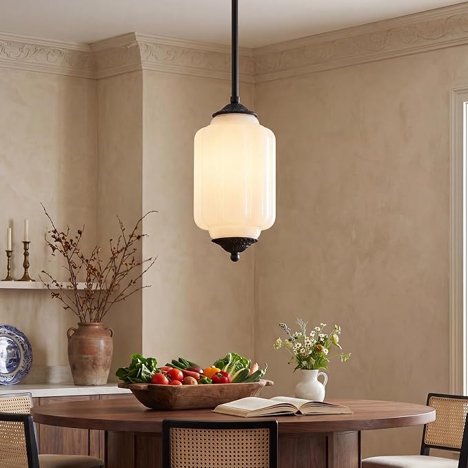 LOUSACE 5.5 in Milk Glass Kitchen Pendant Light, Retro Semi Flush Mount Ceiling Pandant Lighting with Matte Black Aluminium Base & White Milk Glass, E12 Blub Included