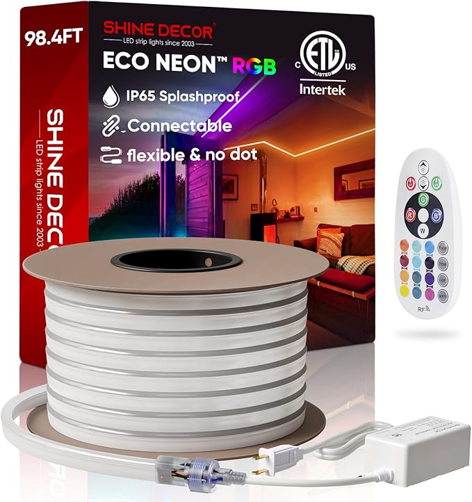 98.4FT LED RGB Neon Rope Lights, ETL-Listed AC 110-120V Neon LED Strip Lights SMD5050 80LEDs/m with Remote, Dimmable Multicolor Change Flexible Neon Rope Lighting Waterproof for In&Outdoor