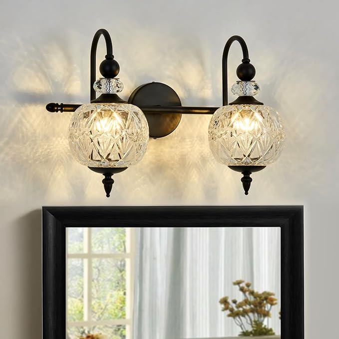 Piepooye Vintage Bathroom Light Fixtures Black Vanity Light with Glass Globe LampShade 2 Lights Mid Century G9 Bulb Wall Sconce Indoor Vanity Light Over Mirror for Kitchen Bedroom Farmhouse