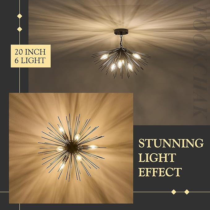 Black Sputnik Ceiling Light Fixture 6-Light Starburst Chandelier Ceiling Light Mid-Century Modern Satellite Chandelier Solid Metal Urchin Chandeliers for Entry Dining Room Kitchen Sink