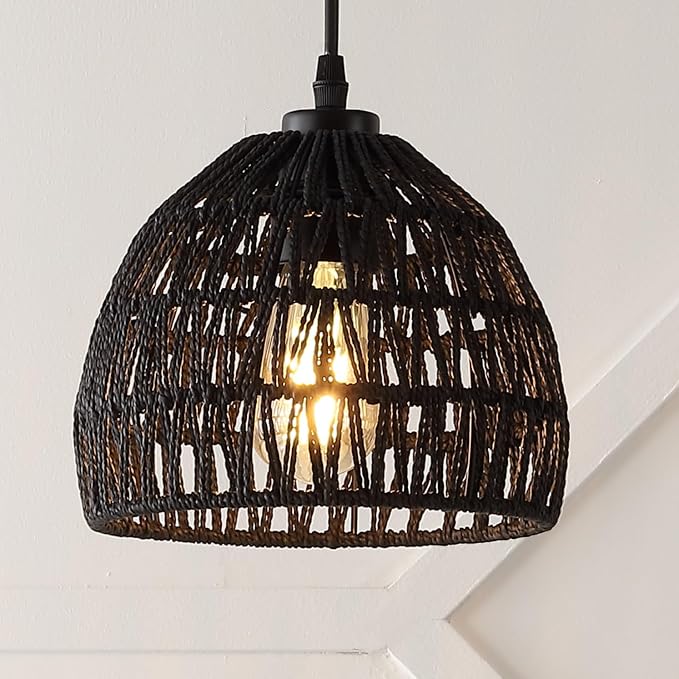 JONATHAN Y Campana 1-Light Pendant Dome Ceiling Lamp, 8.25", Black | Modern Coastal Farmhouse Decor, Adjustable Height, Woven Rope Metal Frame, LED Bulb Included, UL Listed