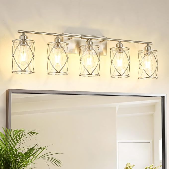 5-Light Brushed Nickel Bathroom Light Fixtures Over Mirror, 38" UL-Listed Modern Wall Sconce Lights with Clear Glass and Metal Cage for Bath, Hardwire E26, CH9176BN-5W