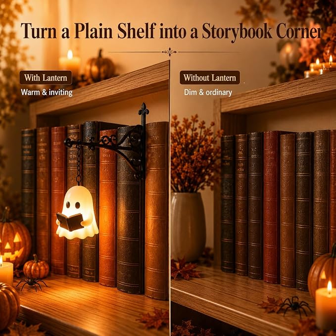Library Lantern-Decorative Bookshelf Lighting, Reading Nook LED Nightlight, Metal Bookcase Lamps, Vintage Table Desk Luminaires, Studious Home Room Ornament (F-1Pc)