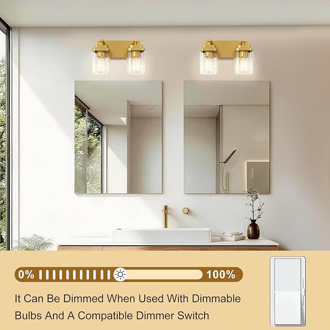 Brushed Gold Bathroom Light Fixtures, 2 Lights Bathroom Lighting Fixtures Over Mirror, Square Design & Rectangle Large Backplate, Modern Vanity Lighting Fixtures, for Living Room/Bedroom
