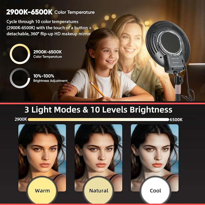 Desk Ring Light with Stand,and HD Makeup Mirror for Zoom Lighting | 10W,30 Light Modes Makeup selfie light and Phone Holder,for Live Streaming,Makeup,Video ,Zoom call,Vlogging,TikTok,CRI 95+