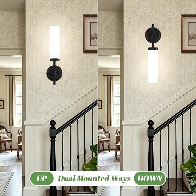 MOKATNG [Hardwired] Wall Sconces Set of Two, Matte Black Bathroom Sconces with Milky White Glass, Modern Wall Light Fixtures for Bathroom Mirror Vanity, Living Room, Hallway, Stairway, Cabinet, Foyer