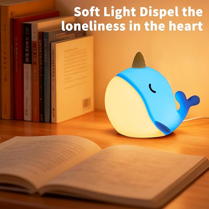 Cute Narwhal Night Light, Tap Control with 3 Warm White Brightness, USB Kids Bed Lamp with 30-Minute Timer, Soft Silicone Glow for Nursery, Birthday Gift(Blue Narwhal)