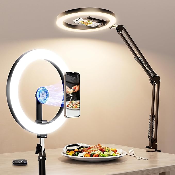 Ring Light with Stand with Magnetic Phone Holder,Overhead Phone Mount for Desk,10" LED Tripod for iPhone with Ring Light and Remote,Phones Stand for Video Recording,Live Streaming,Cooking Video