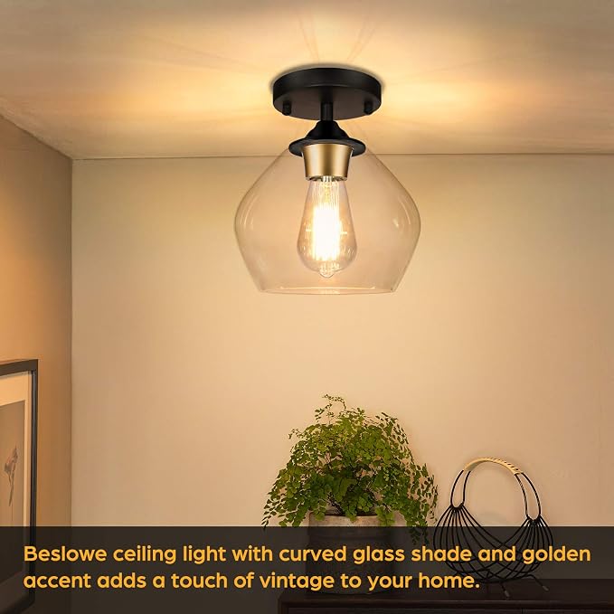 Modern Semi Flush Mount Ceiling Light with Clear Glass Shade, Black | Quick & Easy Installation, Premium Quality, Gold Accent, Perfect for Hallway Kitchen Entryway Laundry