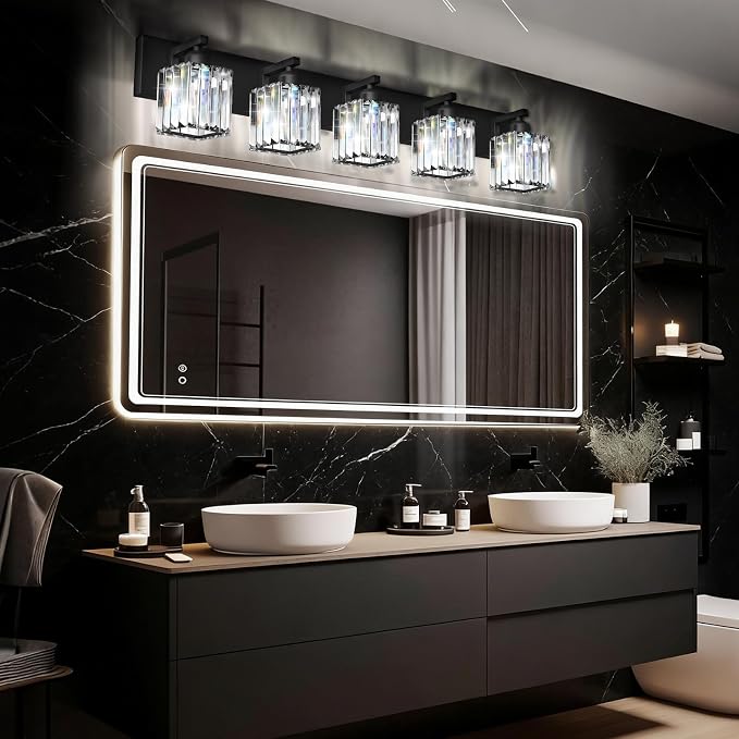 Black Crystal Bathroom Vanity Light, 5-Light Modern Bathroom Lighting Fixtures Over Mirror, Matte Black Wall Sconce Light Fixtures with Square Shade