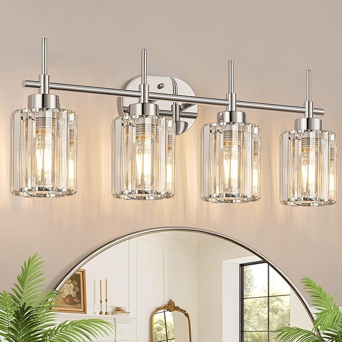 Modern K9 Crystal Bathroom Vanity Light Fixtures, 4-Light Chrome Vanity Lighting Over Mirror, Clear Crystal Shades, Modern Bathroom Light for Bedroom Living Room Hallway Dressing Room