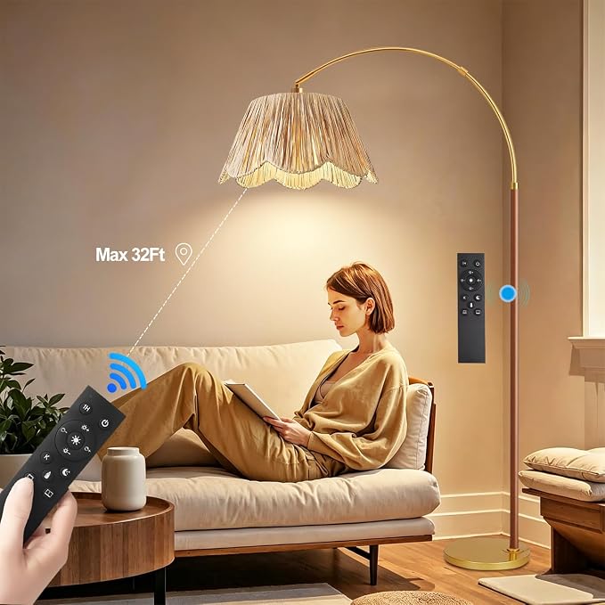 Vintage Arc Floor Lamps for Living Room Farmhouse Wood Floor Lamp with Remote Control,Dimmable Rattan Floor Lamp Boho Standing Lamp with 3 Color Temperature Wicker Tall Floor Lamp for Bedroom Corner