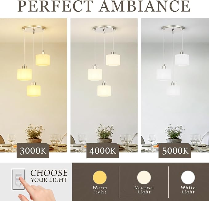 Brushed Nickel Dining Room Chandelier Light Fixture, 3-Light Pendant Lighting with Milk Glass, Modern Kitchen Island Cluster Hanging Pendant Lights for Kitchen Dining Room, OS-YQ8153-3BNW