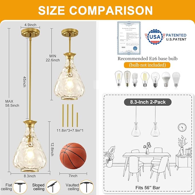 Modern Pendant Lights Kitchen Island, 1 Pack Brushed Gold Pendant Light Fixtures with 8.5" Clear Hammered Glass Shade, Industrial Hanging Pendant Lights Fixture for Kitchen Island Dining Room Entryway