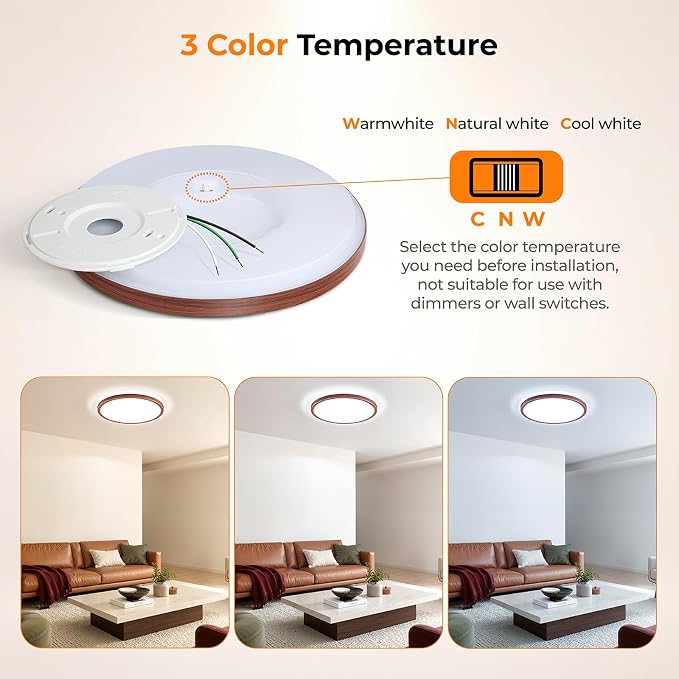 15.4 Inch LED Flush Mount Ceiling Light, 3000K-5000K 3 Color Selectable Ceiling Lights, 36W 3600LM Closet Light Fixture, Ceiling Lamp for Bedroom, Dining Room, Kitchen- Walnut