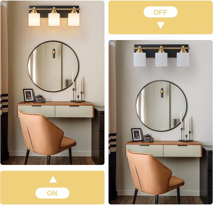 Modern Bathroom Light Fixtures Over Mirror, Vanity Lights for Bathroom Wall Sconces with Milky White Glass Shades, E26 Socket (Bulbs Not Included), 3 Light, Black Gold