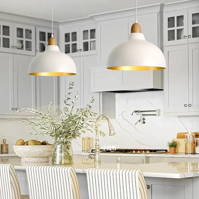 11.8" White Morden Pendant Light Kitchen Island Dome Pendant Light Fixtures, Farmhouse White and Wood Hanging Pendant Lights Kitchen Island, Dome Chandelier for Kitchen Island Dining Room