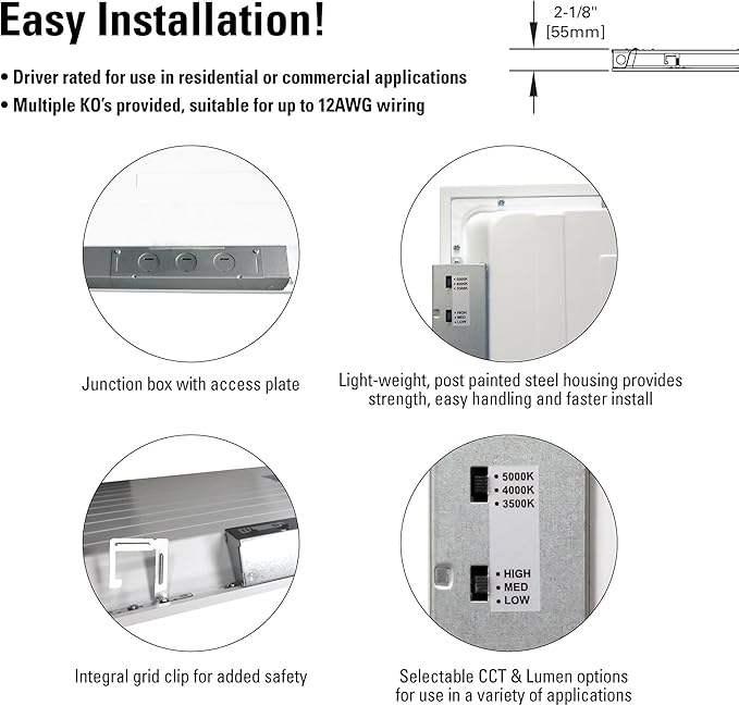 Metalux CGTS 2x2 Selectable Back-Lit Shallow LED Ceiling Panel Light Fixture with 3 Lumen Levels and 3 Color Temperatures for Commercial and Residential - 22CGTS-L3C3R