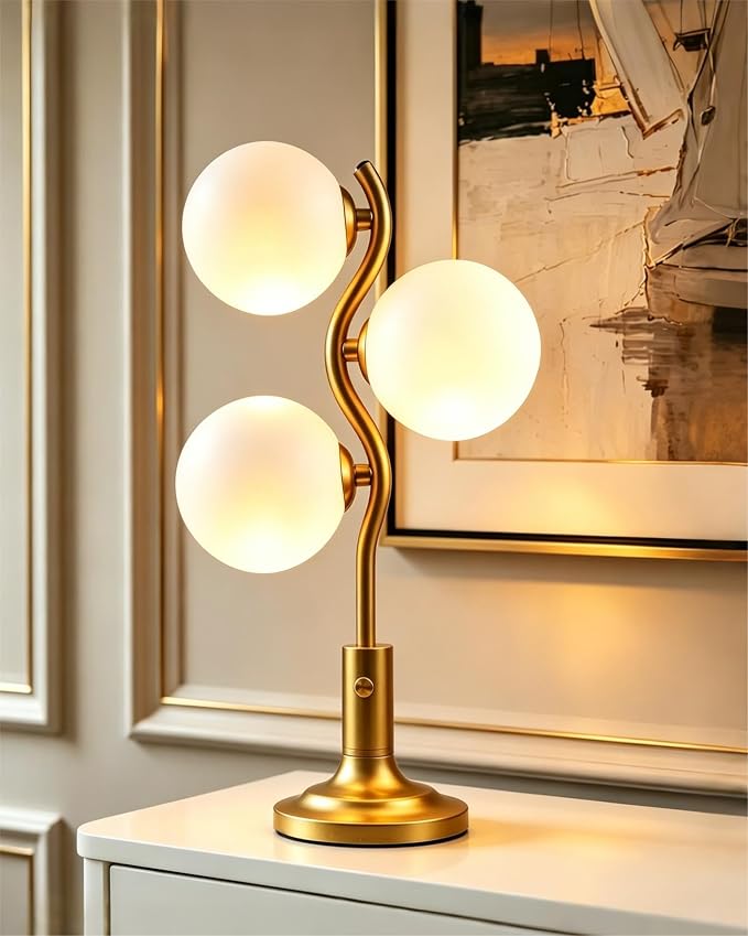 Globe Gold Table Lamp for Bedroom Gift Dimmable G9 3 Bulbs Included | Modern Round Ball Lamp Nightstand Desk Lamp Ambient Warmwhite Bedside Lamps for Living Room Dining Party Home Office Decor