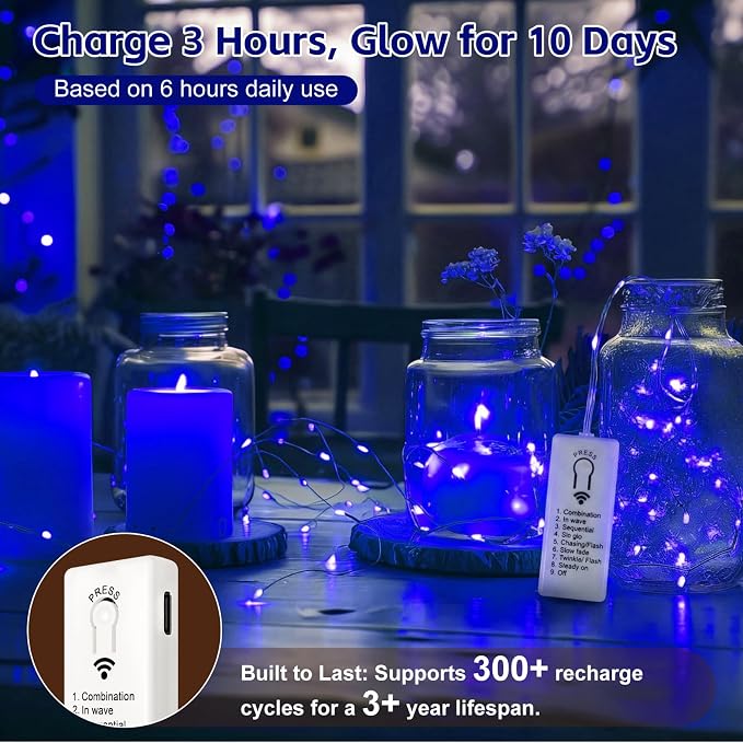 6 Pack Rechargeable Fairy Lights,7ft 20LEDs, Remote & DIY Timer | Dimmable Silver Wire, Mini Twinkle Lights, For Mason Jar, Indoor Christmas Bedroom Wedding Decor, Blue