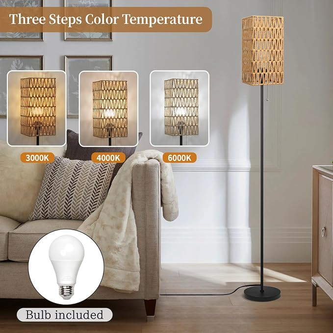 Ruiever Floor Lamp for Living Room,Farmhouse Floor lamp,Modern Standing lamp with Hand-Worked Rattan Shade (Square Shade-3 Color Blub)