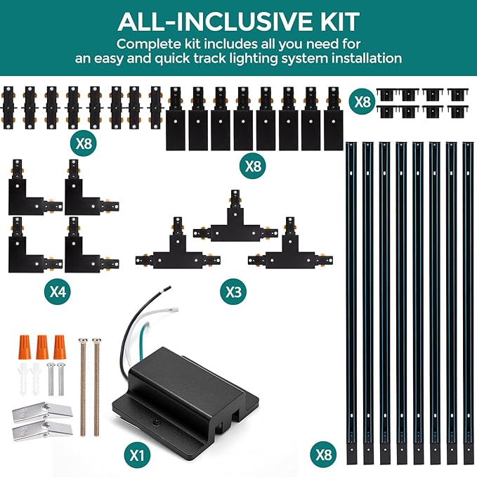 H Track Lighting Rails Kit - iCreating 26ft Black Track Light Track 3 Wire with Floating Canopy Connector, I and L Connectors for Single Circuit H Type LED Track Lighting Heads Fixtures
