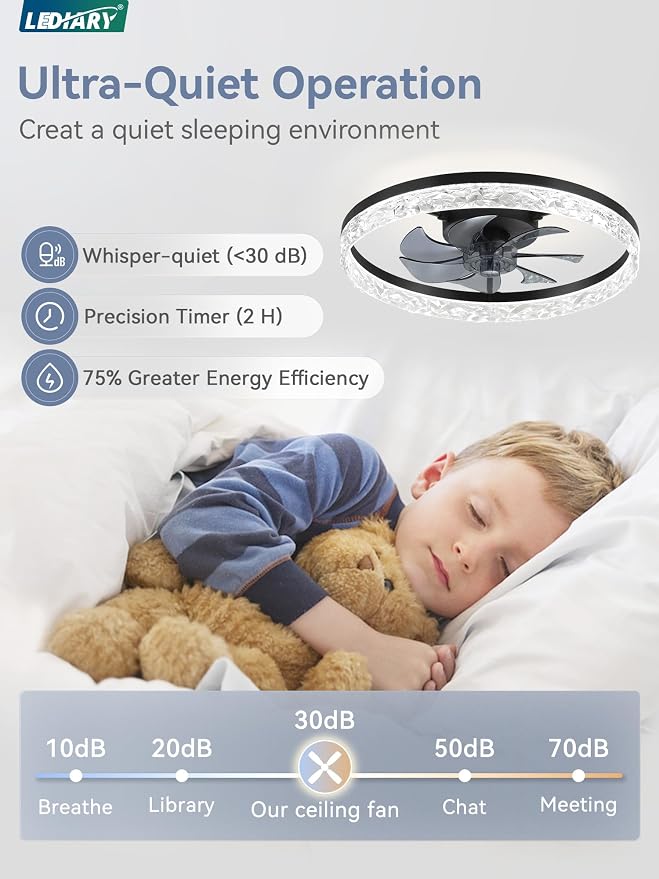 LEDIARY 20" Modern Ceiling Fans with Lights and Remote, Black Fandelier | Dimmable Low Profile, Flush Mount Ceiling Fan, Stepless Color Temperature Change, 6 Speeds, Bedroom, Living Room, Kitchen