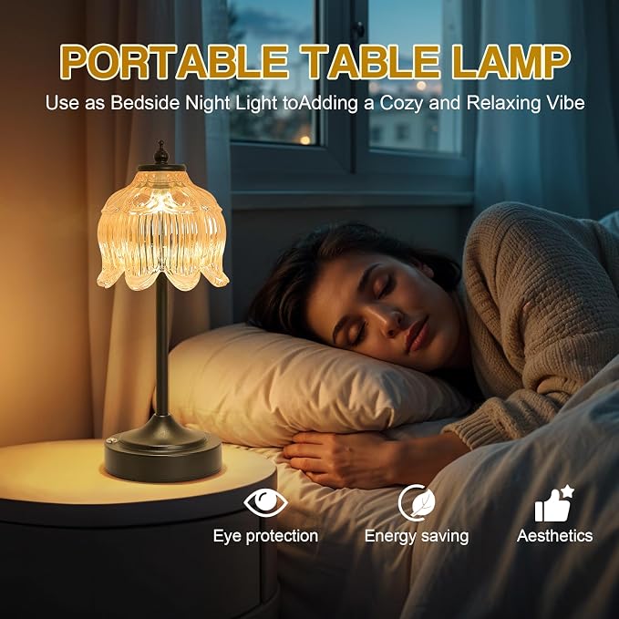 Cordless Table Lamp, Rechargeable Amber Glass Lotus Flower Lamp | 5200mAh touch lamp with 3 color modes and stepless dimming, battery operated lamp for nightstands and kitchen counters