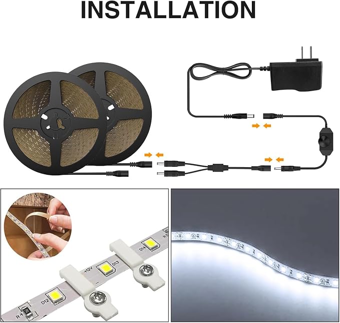 Onforu LED Strip Lights,39.37ft 6000K Dimmable Daylight White Tape Light,12m 720 LEDs 2835 Flexible Ribbon Mirror Light, 12V Adhesive Rope Lights for Kitchen, Under Cabinet, Bedroom (Pack of 2)